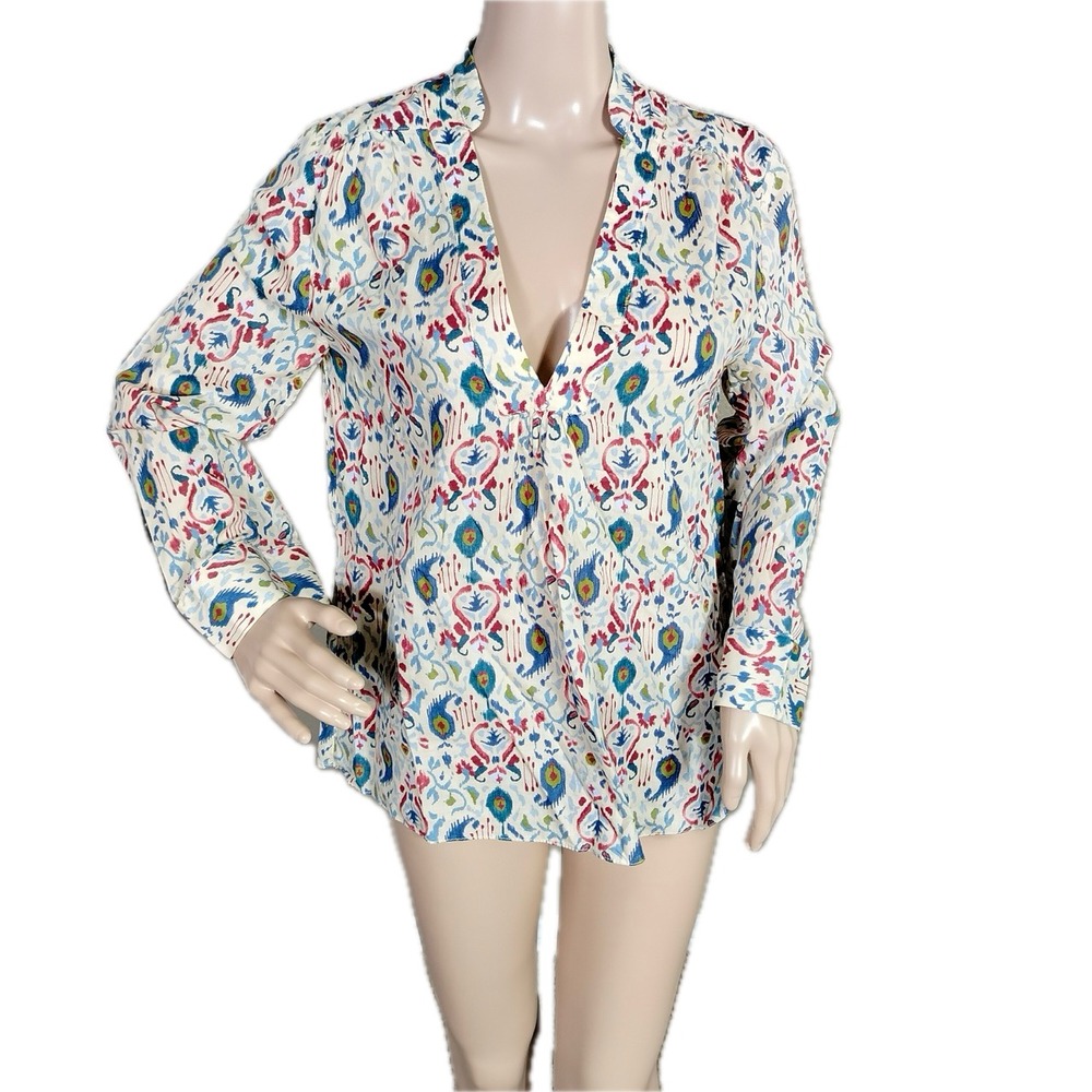 Zara Top Womens Size XS Paisley Print V Neck Tie Front Blouse Long Sleeve Career